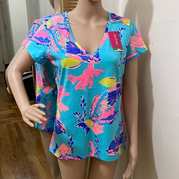 Lilly Pulitzer Michelle V-Neck top schorely blue and pink - Picture 2 of 15